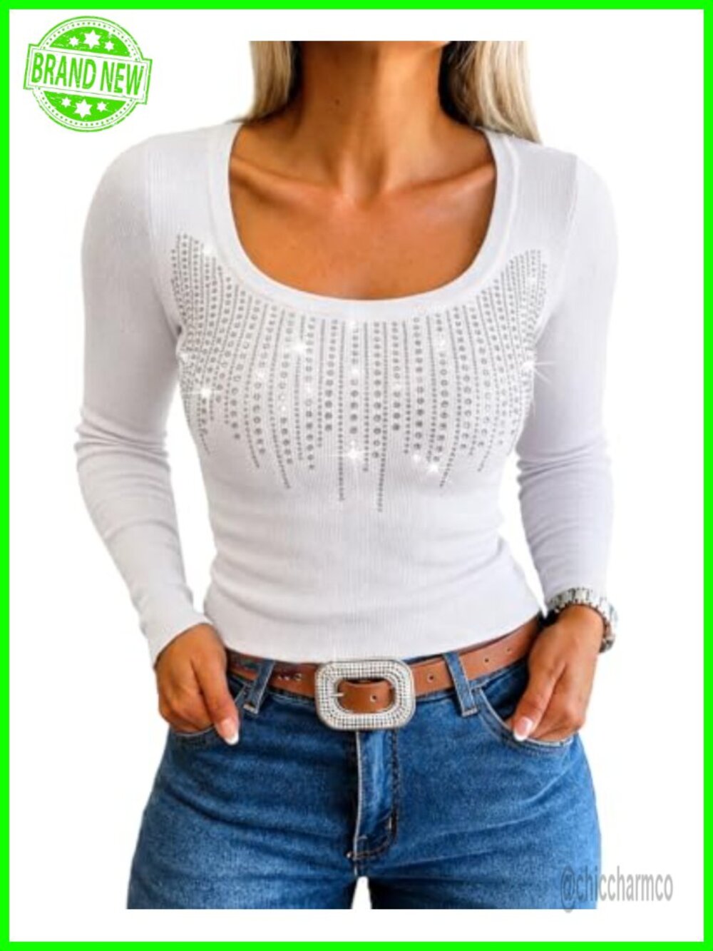 Rhinestone Fringe Ribbed Long Sleeve Square Neck Slim Fit Top